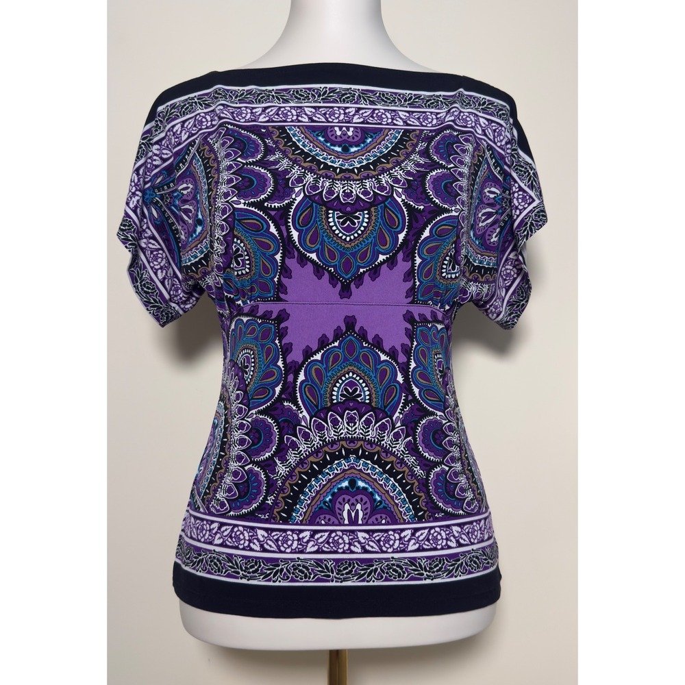 Vintage Y2K Cache Purple Paisley Medallion Boat Neck Dolman Sleeve Top Size XS - Picture 3 of 9
